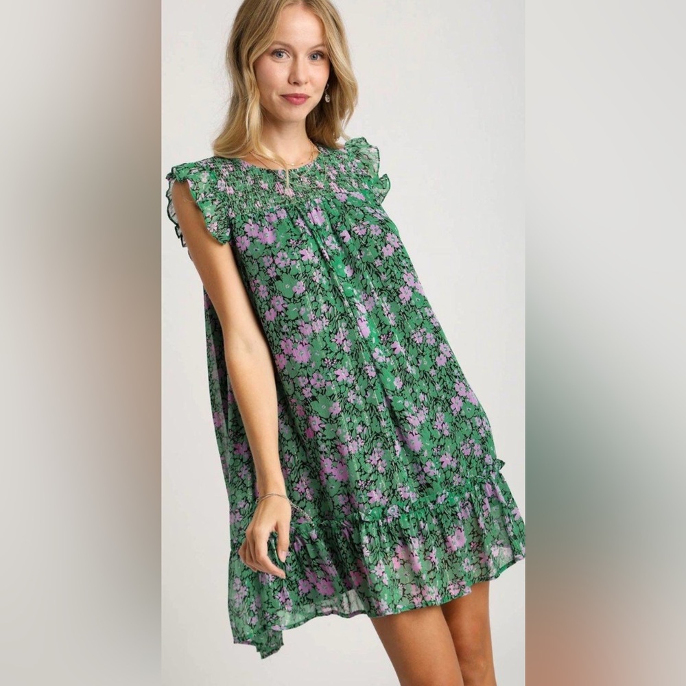 Umgee Green and Pink Floral Ruffle Dress Size XL
